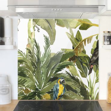 Panel szklany do kuchni - Akwarela Wzór w palmy bananowe i lamparcie cętki