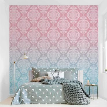 Fototapeta - Akwarela Wzór barokowy z gradientem niebiesko-różowym