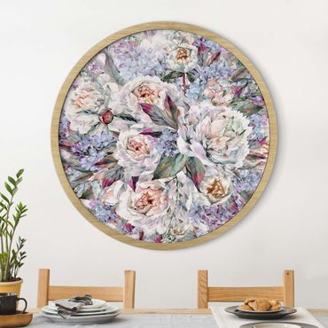 Okrągły obraz w ramie - Watercolour Lilac Peony Bouquet