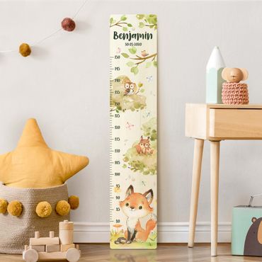 Miarka wzrostu dla dzieci z drewna - Watercolour fox with custom name