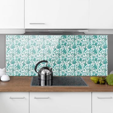 Panel szklany do kuchni - Akwarela Wzór na sylwetkę kolibra i rośliny w kolorze turkusowym
