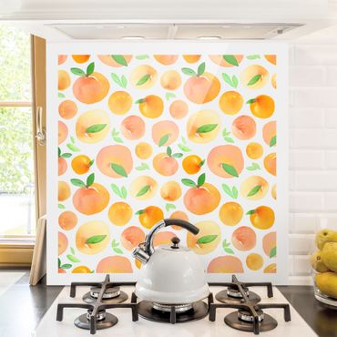 Panel szklany do kuchni - Akwarela Pomarańcze z liśćmi w białej ramce