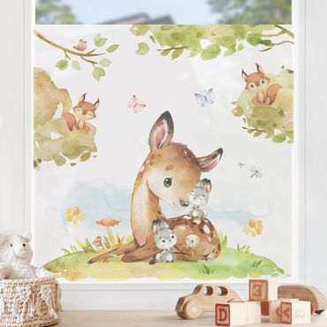 Folia okienna - Akwarela Jeleń, królik i wiewiórka