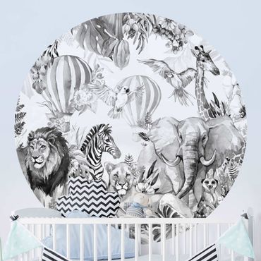 Okrągła tapeta samoprzylepna - Akwarela Savannah Zwierzęta czarno-biały