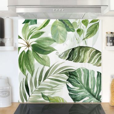 Panel szklany do kuchni - Akwarela Liście i gałązki tropikalne