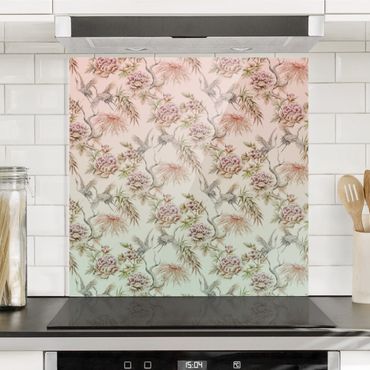 Panel szklany do kuchni - Akwarela Ptaki z dużymi kwiatami ombre