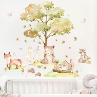 Naklejka na ścianę - Watercolour forest animals and autumn tree