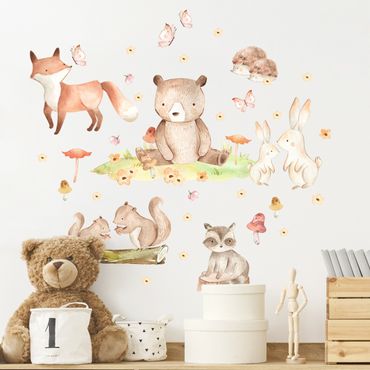 Naklejka na ścianę - Watercolour forest animals with butterflies and flowers