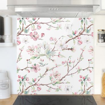 Panel szklany do kuchni - Akwarela Gałęzie z kwiatami jabłoni w kolorze różowym i białym
