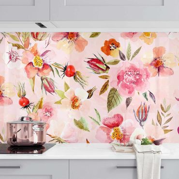 Panel ścienny do kuchni - Akwarelowe Kwiaty na różowo
