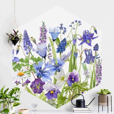 Sześciokątna tapeta samoprzylepna - Akwarelowa Łąka kwiatowa w kolorze niebieskim