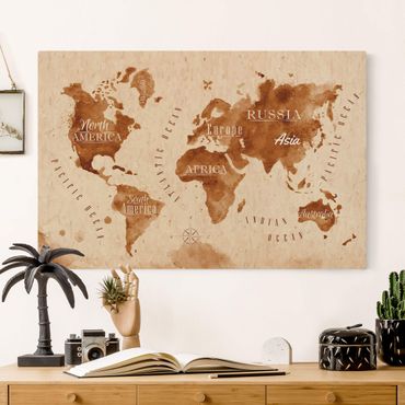 Obraz na naturalnym płótnie - Akwarela Mapa świata beżowy brązowy
