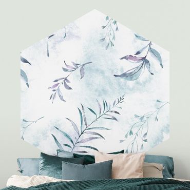 Sześciokątna tapeta samoprzylepna - Akwarela Gałązki w kolorze miętowego błękitu