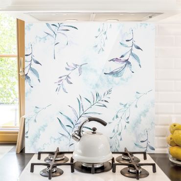 Panel szklany do kuchni - Akwarela Gałązki w kolorze miętowego błękitu