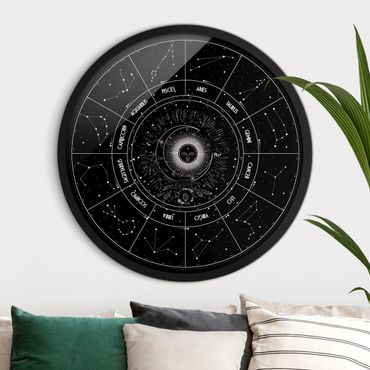 Okrągły obraz w ramie - Astrology The 12 Zodiac Signs Black