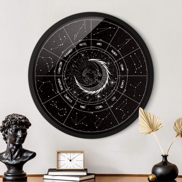 Okrągły obraz w ramie - Astrology Moon And Zodiac Signs Black