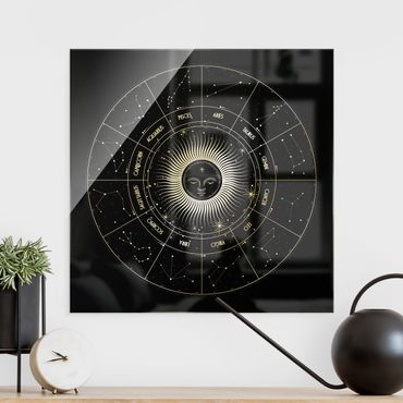 Obraz na szkle - Astrologia Słońce Koło Zodiakalne Czarne