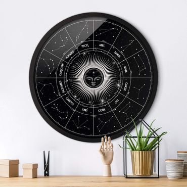 Okrągły obraz w ramie - Astrology Zodiac Sign In A Sun Circle Black