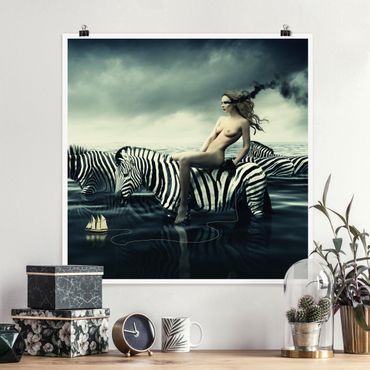 Plakat - Kobieta naga z zebrami