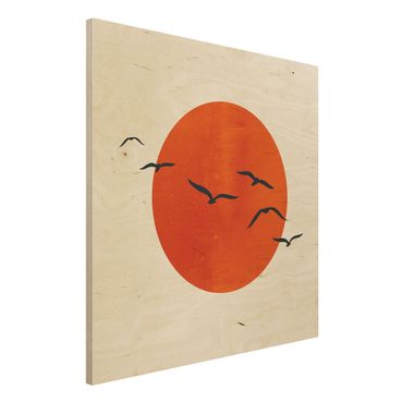 Obraz z drewna - Stado ptaków na tle czerwonego słońca I