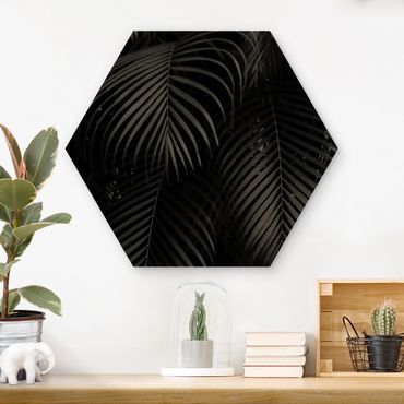 Obraz heksagonalny z drewna - Czarne liście palmy