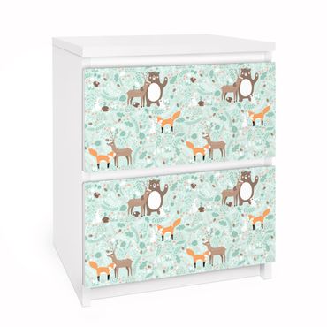 Okleina meblowa IKEA - Malm komoda, 2 szuflady - Wzór dziecięcy Leśni przyjaciele z leśnymi zwierzętami