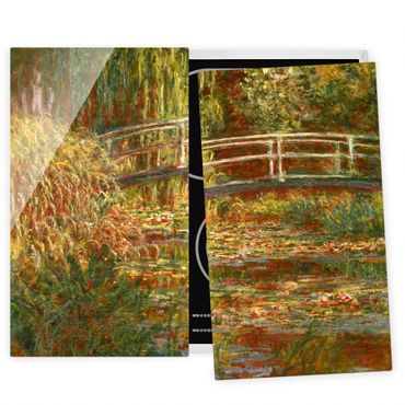Szklana płyta ochronna na kuchenkę 2-częściowa - Claude Monet - Staw z liliami wodnymi i japoński mostek (Harmonia w różu)