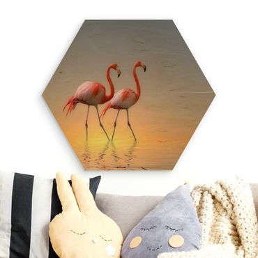 Obraz heksagonalny z drewna - Miłość flaminga