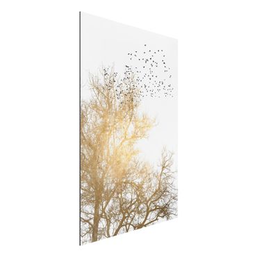 Obraz Alu-Dibond - Stado ptaków na tle złotego drzewa