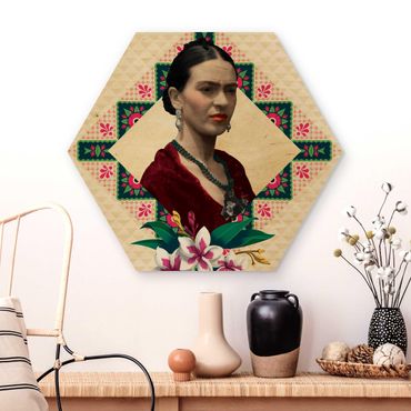 Obraz heksagonalny z drewna - Frida Kahlo - Kwiaty i geometria