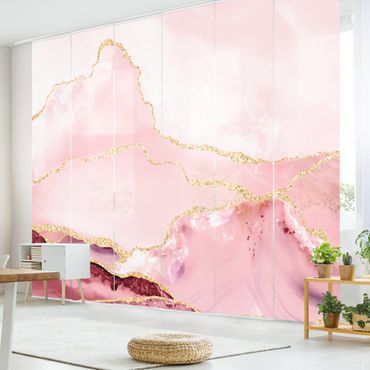Zasłony panelowe zestaw - Abstrakcyjne góry w kolorze różowym ze złotymi liniami