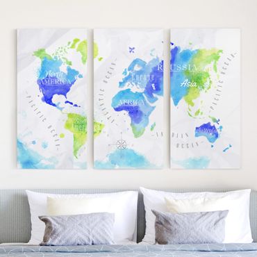 Obraz na płótnie 3-częściowy - Mapa świata akwarela niebiesko-zielona
