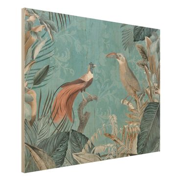 Obraz z drewna - Kolaż w stylu vintage - rajskie ptaki