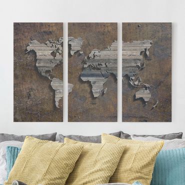 Obraz na płótnie 3-częściowy - Mapa świata z rdzą drewna
