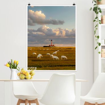Plakat - Latarnia morska na Morzu Północnym ze stadem owiec
