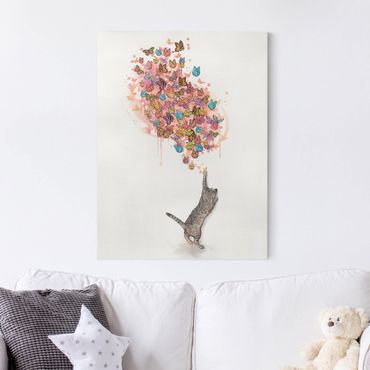 Obraz na płótnie - Ilustracja kot z kolorowymi motylami malarstwo