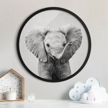 Okrągły obraz z ramką - Mały słoń Elsa czarno-biały