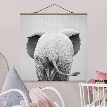 Plakat z wieszakiem - Baby Elephant From Behind Black And White - Kwadrat 1:1