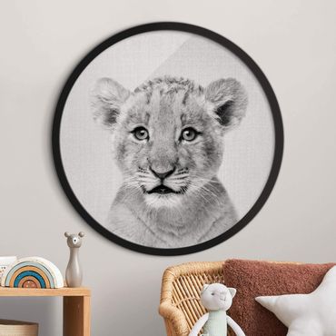 Okrągły obraz z ramką - Mały lew Luca czarno-biały