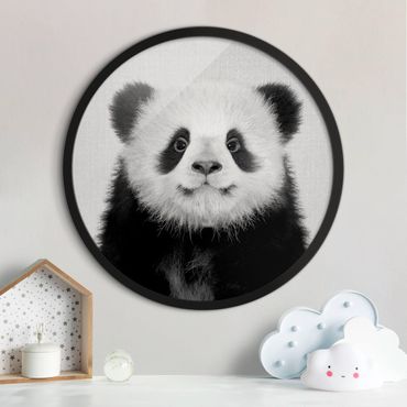 Okrągły obraz z ramką - Mały panda Prian czarno-biały