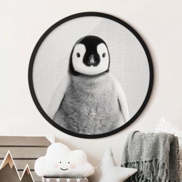 Okrągły obraz z ramką - Mały pingwinek Pepe czarno-biały