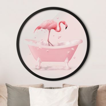 Okrągły obraz w ramie - Bath Tub Flamingo