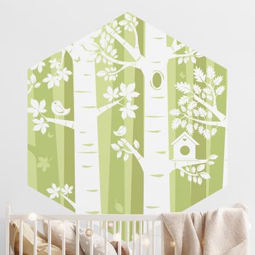 Sześciokątna tapeta samoprzylepna - Drzewa w lesie zielonym