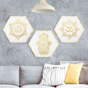 Obraz heksagonalny z Forex 3-częściowy - Hamsa Hand Lotus OM Zestaw ilustracji złoty