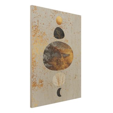Obraz z drewna - Słońce i księżyc w złotym połysku