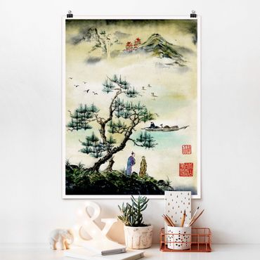 Plakat - Japońska akwarela Drzewo sosnowe i górska wioska