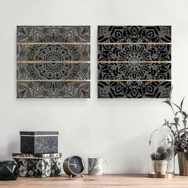 Obraz z drewna 2-częściowy - Wzór mandali z kwiatami i gwiazdami Czarny
