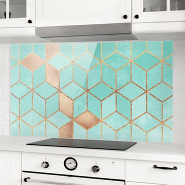 Panel szklany do kuchni - Turkusowo-biała złota geometria