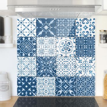 Panel szklany do kuchni - Wzór płytek Mix niebiesko-biały