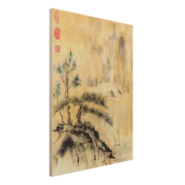 Obraz z drewna - Japońska akwarela Rysowanie cedrów i gór